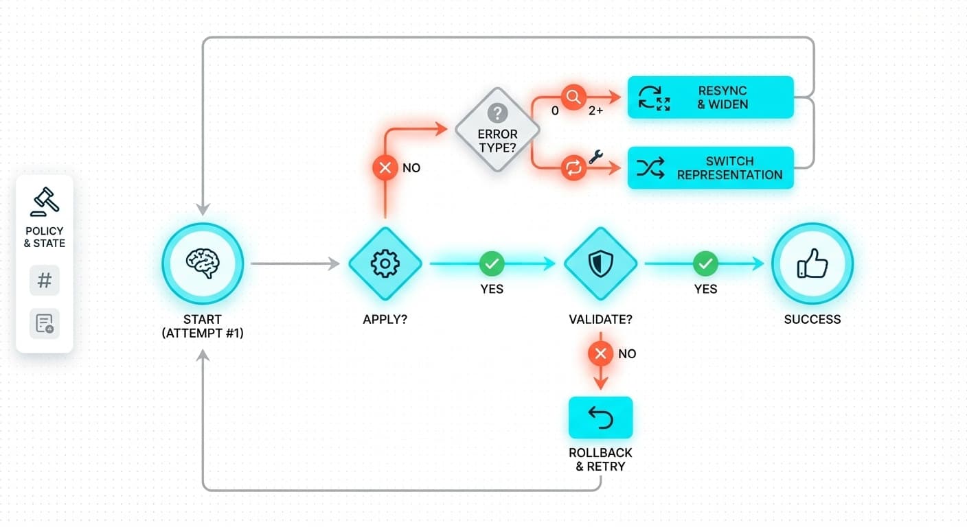 Fallback ladder flowchart showing escalation from minimal edit to rollback
