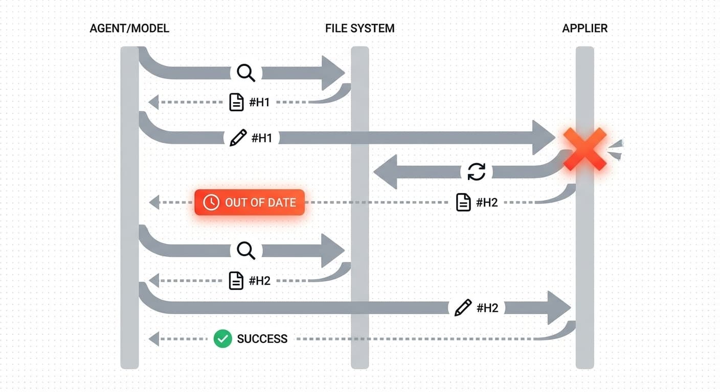 State drift flow: hash-gated edit transactions prevent applying patches to wrong file versions